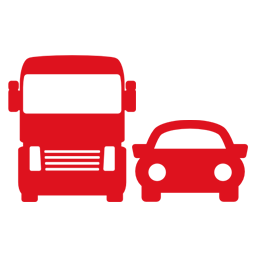 Red icon of a large truck and a smaller car side by side on a light gray background, illustrating a size comparison often seen with carpet cleaning services vehicles arriving in your neighborhood.