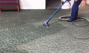 A person is cleaning a green patterned carpet with a steam cleaning machine, visibly making a cleaner path through the carpet—ideal for those seeking expert carpet cleaning in Floyd Knobs. Only the lower half of the person is visible.