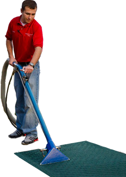 a windell's carpet employee cleaning a green carpet in lanesville, floyd knobs, or new albany in southern indiana with no background.