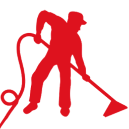 Red silhouette of a person wearing a hat, holding a long handle attached to a hose, appearing to perform residential carpet cleaning or vacuum the floor on a light background.