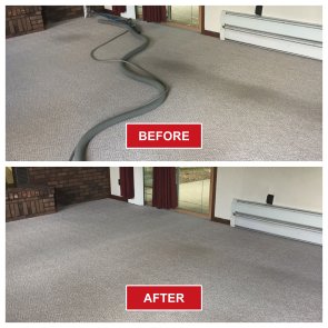 Two images show a carpet. The top image, labeled BEFORE, features a cleaning hose and a dirtier floor. The bottom image, labeled AFTER, highlights the remarkable results of deep carpet cleaning with the same carpet looking refreshingly clean and hose-free.