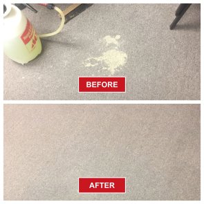 Two-panel image labeled before and after. The top panel shows a light-colored carpet with a visible stain; the bottom panel shows the same carpet spotless, highlighting the impressive results of deep carpet cleaning.