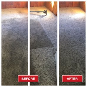 Side-by-side comparison of a carpeted room, with the left side showing a dirty carpet labeled Before, and the right side showing the remarkable results of deep carpet cleaning, labeled After, with visibly cleaner carpet.