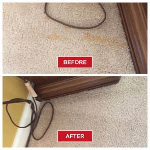 Two images show a carpet near a wooden baseboard: the top image, labeled BEFORE, has a visible stain, while the bottom image shows the stain removed after deep carpet cleaning and is labeled AFTER.