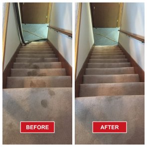 Side-by-side images of carpeted stairs; left shows dirty, stained carpet labeled Before, right shows spotless results after deep carpet cleaning. Both images are taken from the top of the staircase.