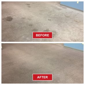 Two images show a carpeted floor: the top image labeled Before has visible stains and dirt, while the bottom image labeled After reveals the results of deep carpet cleaning, with the carpet now clean and free of stains.