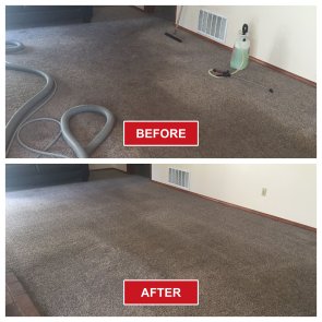 Two photos of the same carpeted room: the top image labeled BEFORE shows a dirty carpet with deep carpet cleaning equipment, while the bottom image labeled AFTER reveals a spotless carpet and all equipment removed.