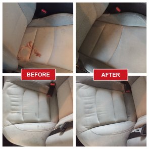 A set of four photos shows car seats before and after cleaning. The before images display stained upholstery, while the after images—following deep carpet cleaning—show the seats clean, stain-free, and with a refreshed appearance.