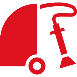 Red icon of a carpet cleaning machine with a large base on the left, a single wheel underneath, and a vacuum hose with a flat nozzle—perfect for illustrating residential carpet cleaning—on a light background.