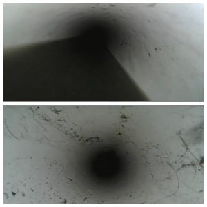 Two images show the inside of a pipe or duct—one with a clean, smooth surface, the other with dirt and debris clinging to the walls, similar to what you might find before and after professional carpet cleaning in Floyd Knobs.