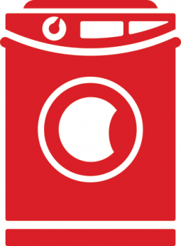 Red icon of a washing machine with a circular door in the center and control buttons along the top panel, symbolizing reliable residential carpet cleaning or professional carpet cleaning services.