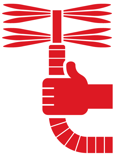 A red graphic of a hand holding a flexible hose with a large round brush at the end, symbolizing chimney or duct cleaning as well as carpet cleaning services, on a white background.