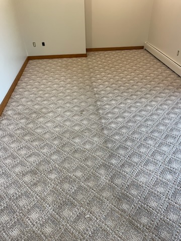 A room with beige patterned carpet shows a clear before and after carpet cleaning effect—a cleaner, brighter section on the right contrasted with a duller left. Light-colored walls and wood trim complete the look.