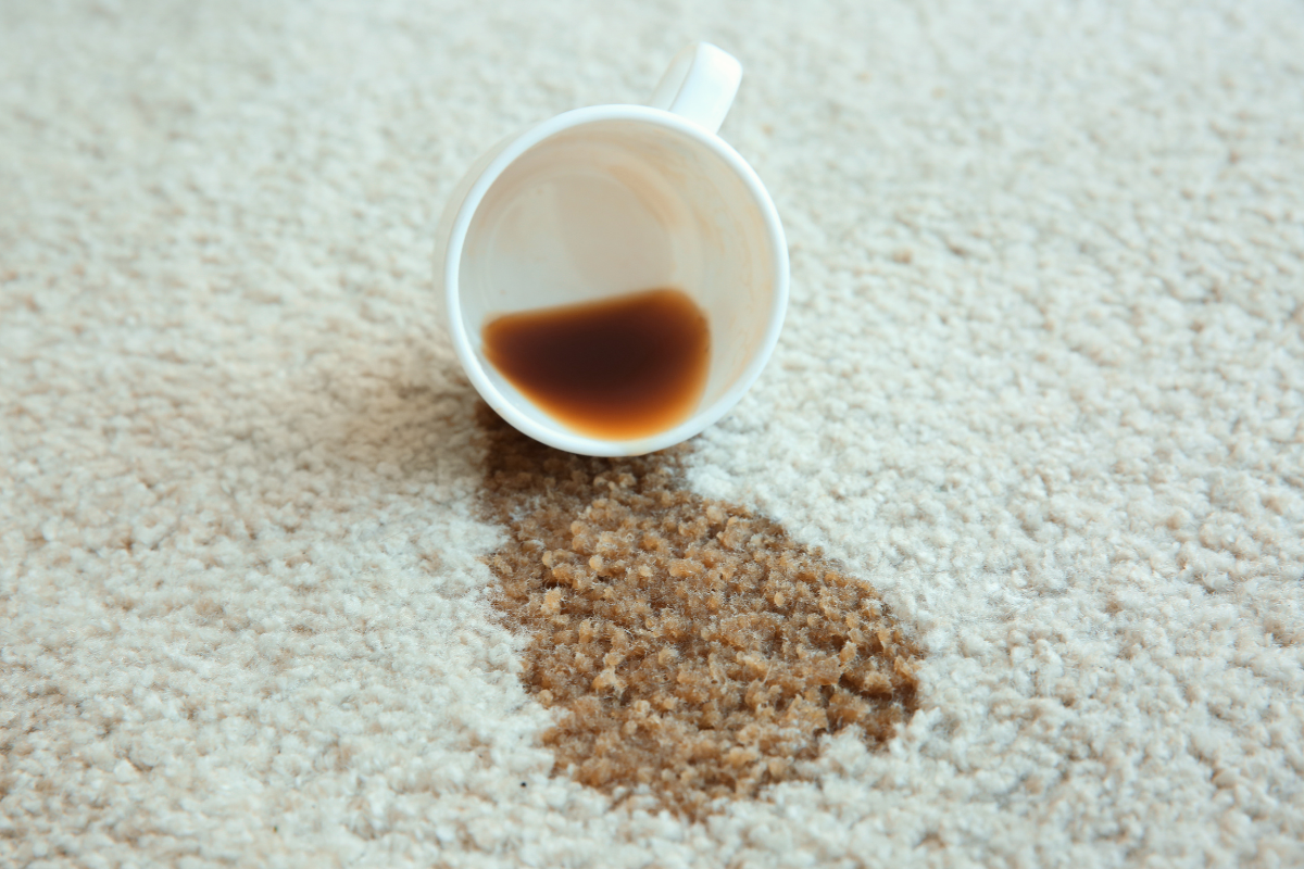 A white coffee mug sits on its side on a white carpet, with its contents spilled out, creating a carpet stain.