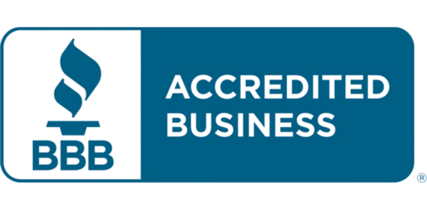 Blue and white logo with a flame symbol, the letters BBB, and the words Accredited Business, representing the Better Business Bureaus accreditation.