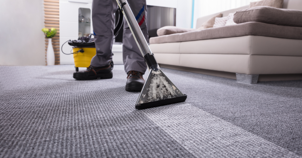A person is cleaning a gray carpet in a living room with a professional carpet cleaning machine, reflecting the expertise of professional carpet cleaners. The scene includes a beige sofa, a yellow cleaning bucket, and sunlight streaming through a window.