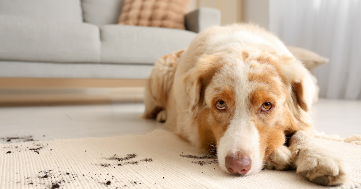 A large, light-colored dog lies on a cream carpet with pet stains, looking up with guilty eyes. A light-colored sofa with a cushion is in the background, highlighting the need to get rid of pet stains on carpet in this bright living room.